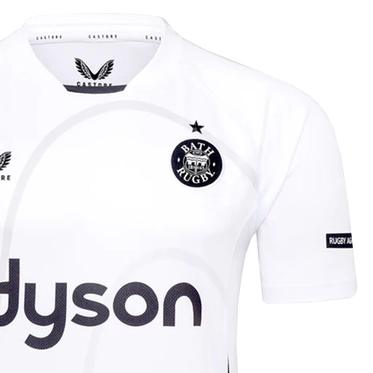 The Bath Rugby 25/26 Away Jersey by Castore features a black logo, black star above the crest, "Dyson" sponsor on front, and short sleeves, with authentic Castore branding.