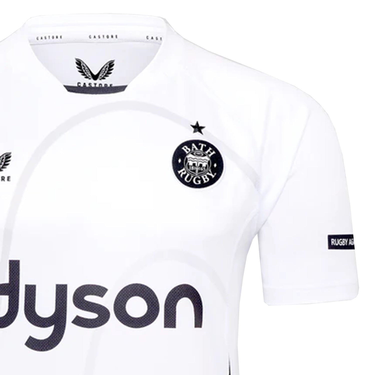 The Bath Rugby 25/26 Away Jersey by Castore features a black logo, black star above the crest, "Dyson" sponsor on front, and short sleeves, with authentic Castore branding.