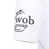 Close-up of a white short-sleeve shirt with a black "wob group" logo on the sleeve, inspired by the sleek design of the Bath Rugby 25/26 Away Jersey by Castore.