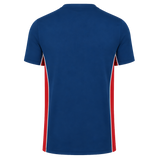 The Scarlets Training Tee 22/23 by Castore is a short-sleeved blue performance shirt with red side panels, displayed from the back on a plain white background.