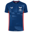 The Scarlets Training Tee 22/23 by Castore features blue short sleeves, an athletic fit, geometric patterns, white sponsor and team logos on the chest, and bold red side panels.