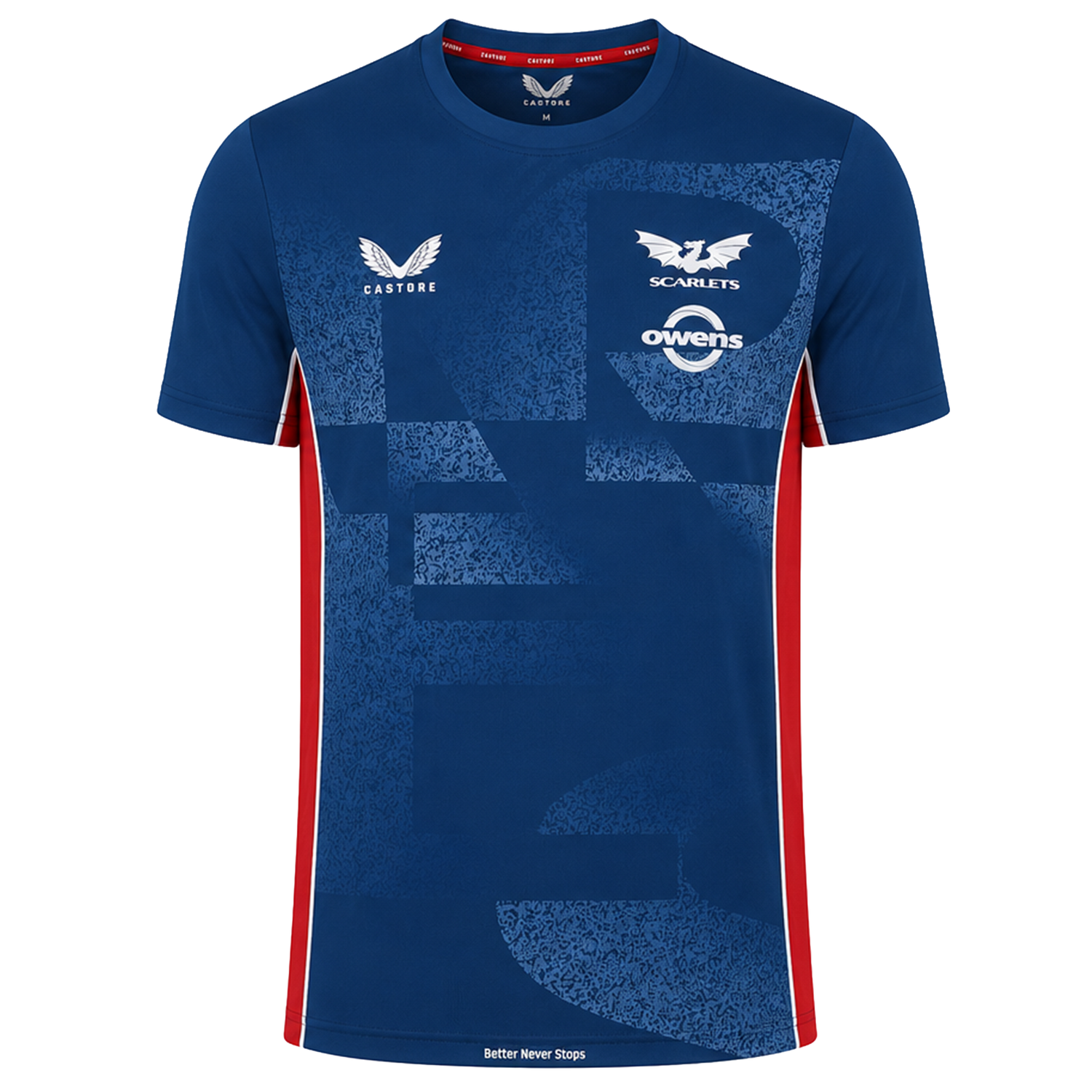 The Scarlets Training Tee 22/23 by Castore features blue short sleeves, an athletic fit, geometric patterns, white sponsor and team logos on the chest, and bold red side panels.