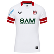 The Ulster 25/26 Pro Home Jersey by Castore is a white rugby jersey with red trim, performance features, sponsor logos like "SAM Home of MDF Mouldings," and the Ulster Rugby crest on the chest.