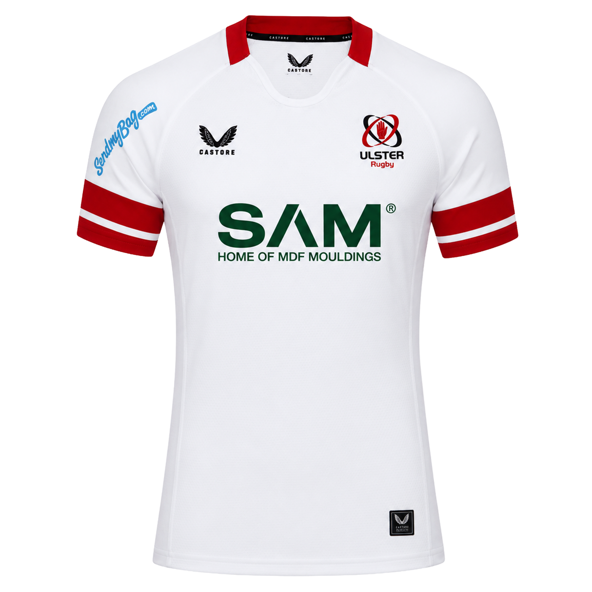 The Ulster 25/26 Pro Home Jersey by Castore is a white rugby jersey with red trim, performance features, sponsor logos like "SAM Home of MDF Mouldings," and the Ulster Rugby crest on the chest.