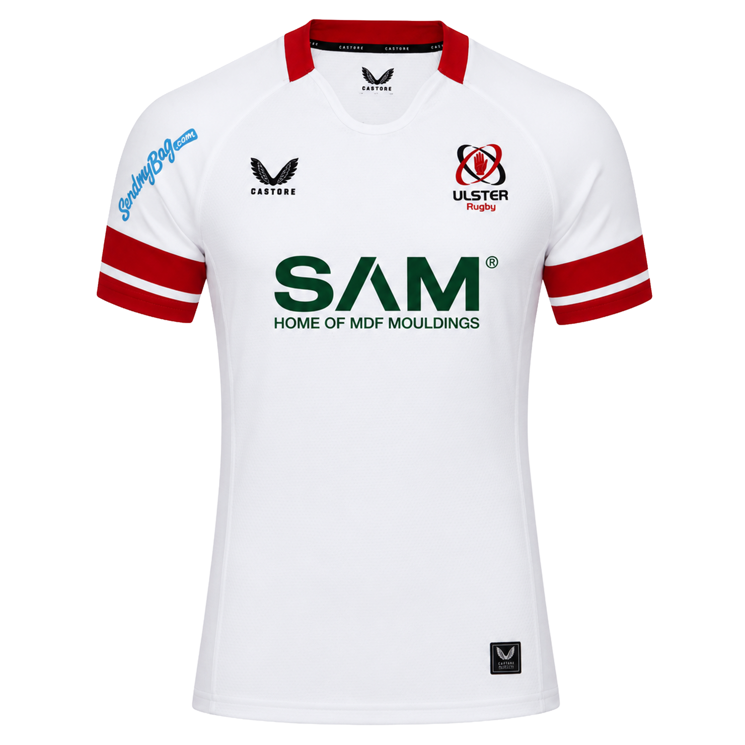 The Ulster 25/26 Pro Home Jersey by Castore is a white rugby jersey with red trim, performance features, sponsor logos like "SAM Home of MDF Mouldings," and the Ulster Rugby crest on the chest.