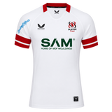 The Ulster 25/26 Pro Home Jersey by Castore is a white rugby jersey with red trim, performance features, sponsor logos like "SAM Home of MDF Mouldings," and the Ulster Rugby crest on the chest.