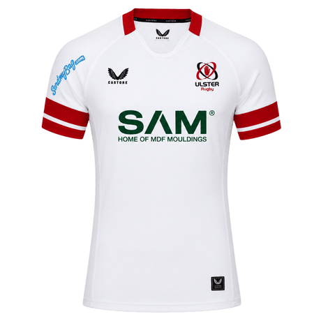 The Ulster 25/26 Pro Home Jersey by Castore is a white rugby jersey with red trim, performance features, sponsor logos like "SAM Home of MDF Mouldings," and the Ulster Rugby crest on the chest.