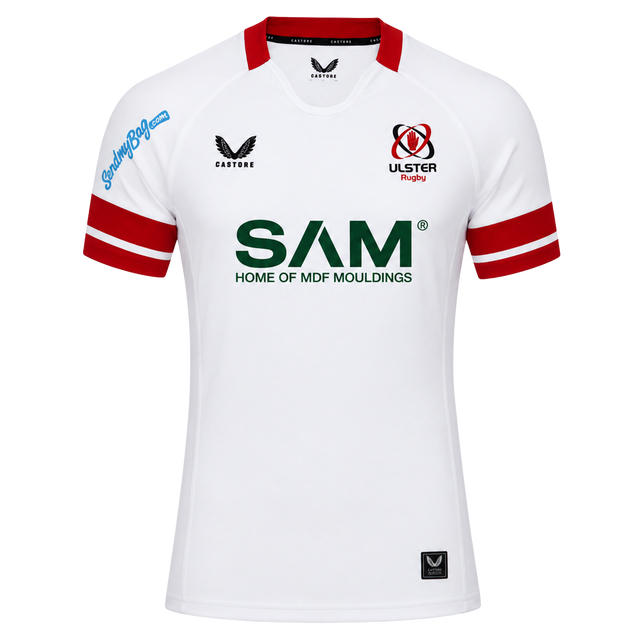 The Ulster 25/26 Pro Home Jersey by Castore is a white rugby jersey with red trim, performance features, sponsor logos like "SAM Home of MDF Mouldings," and the Ulster Rugby crest on the chest.