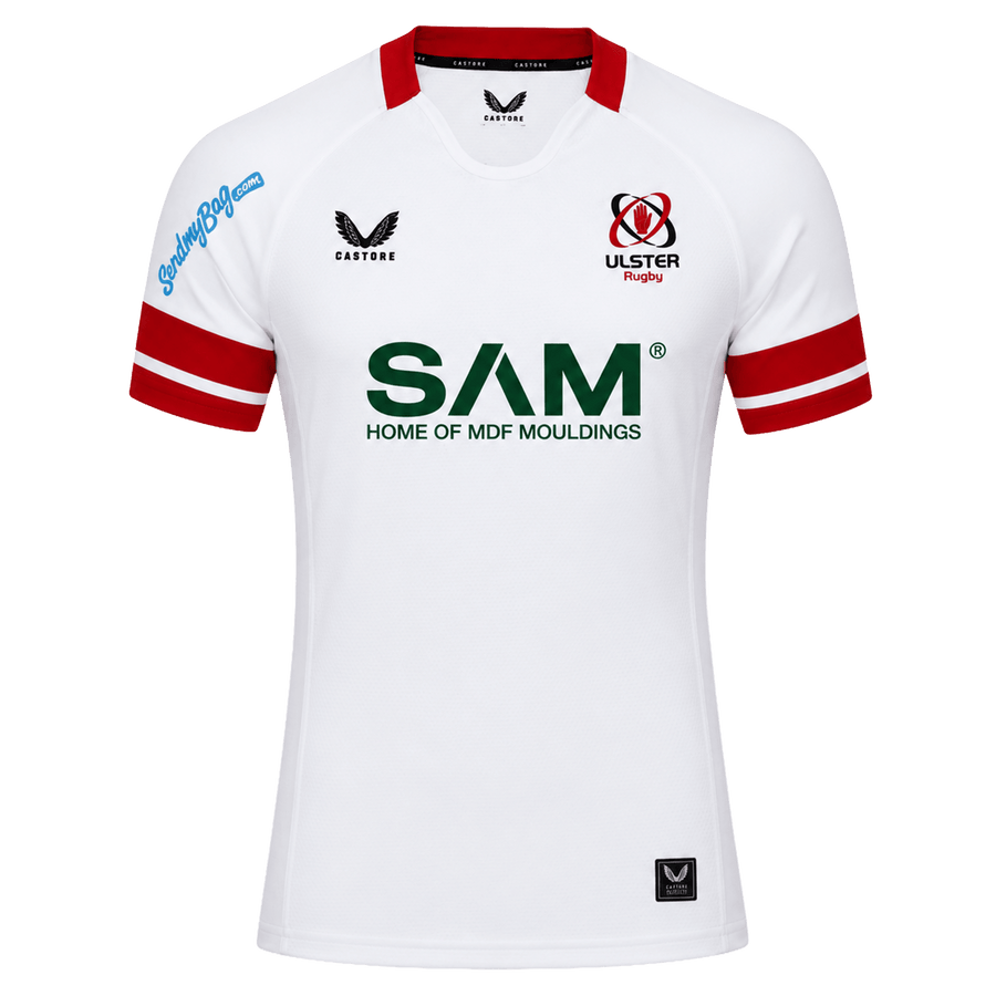 The Ulster 25/26 Pro Home Jersey by Castore is a white rugby jersey with red trim, performance features, sponsor logos like "SAM Home of MDF Mouldings," and the Ulster Rugby crest on the chest.