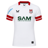 The Ulster 25/26 Pro Home Jersey by Castore is a white rugby jersey with red trim, performance features, sponsor logos like "SAM Home of MDF Mouldings," and the Ulster Rugby crest on the chest.