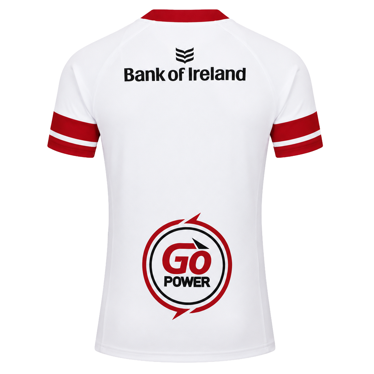 The Ulster 25/26 Pro Home Jersey by Castore is a white, short-sleeved performance rugby top with red sleeve stripes, "Bank of Ireland" on the upper back, and a large "GO Power" logo on the lower back.