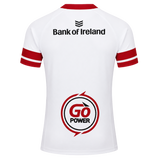 The Ulster 25/26 Pro Home Jersey by Castore is a white, short-sleeved performance rugby top with red sleeve stripes, "Bank of Ireland" on the upper back, and a large "GO Power" logo on the lower back.