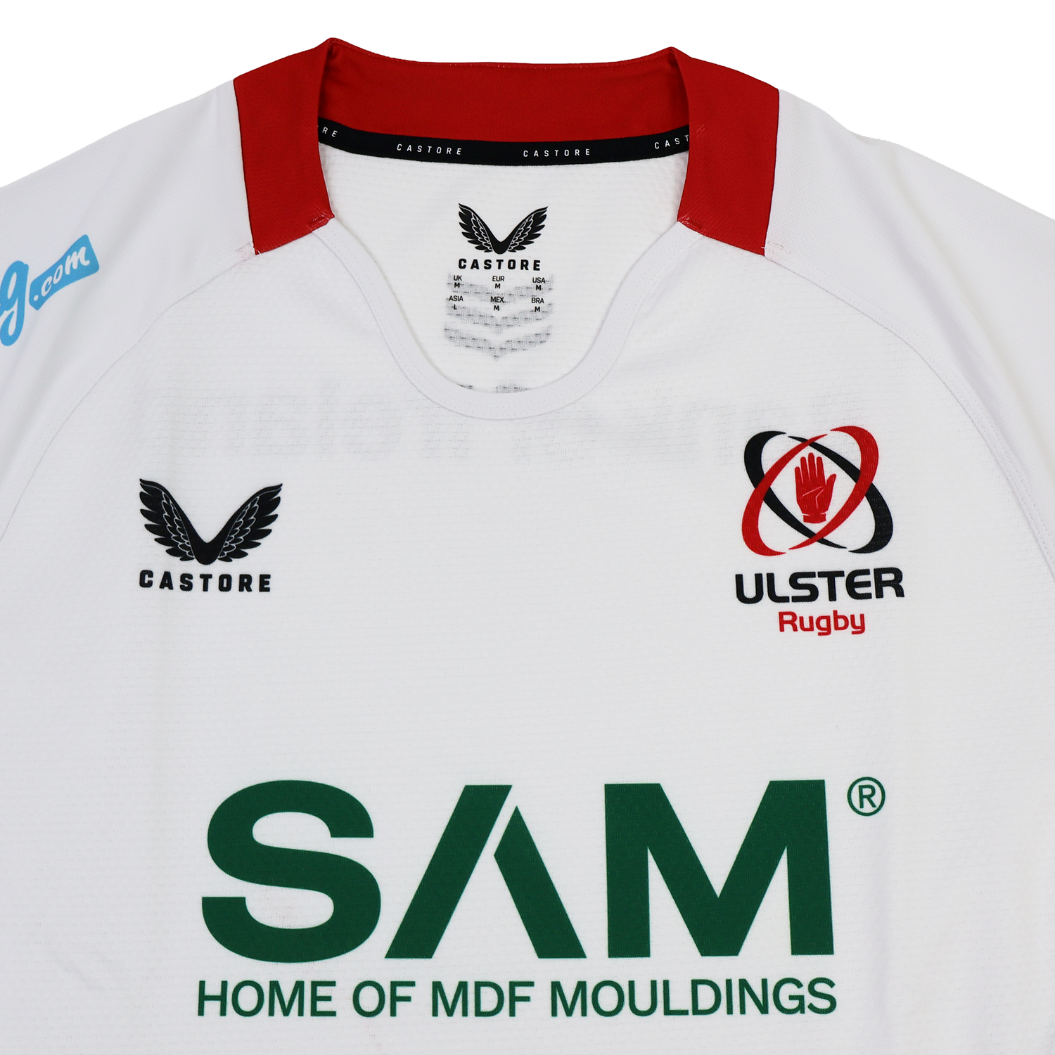 The Ulster 25/26 Pro Home Jersey by Castore is a white performance rugby jersey with a red collar and "SAM Home of MDF Mouldings" as the front sponsor.