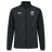 The Ulster 25/26 Woven Pre Match Jacket by Castore is black with subtle diagonal stripes, featuring the Castore logo on the left chest and the Ulster Rugby logo on the right.