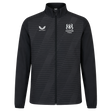 The Ulster 25/26 Woven Pre Match Jacket by Castore is black with subtle diagonal stripes, featuring the Castore logo on the left chest and the Ulster Rugby logo on the right.