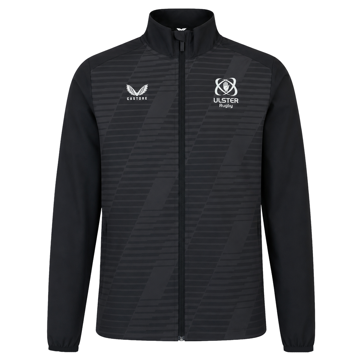 The Ulster 25/26 Woven Pre Match Jacket by Castore is black with subtle diagonal stripes, featuring the Castore logo on the left chest and the Ulster Rugby logo on the right.