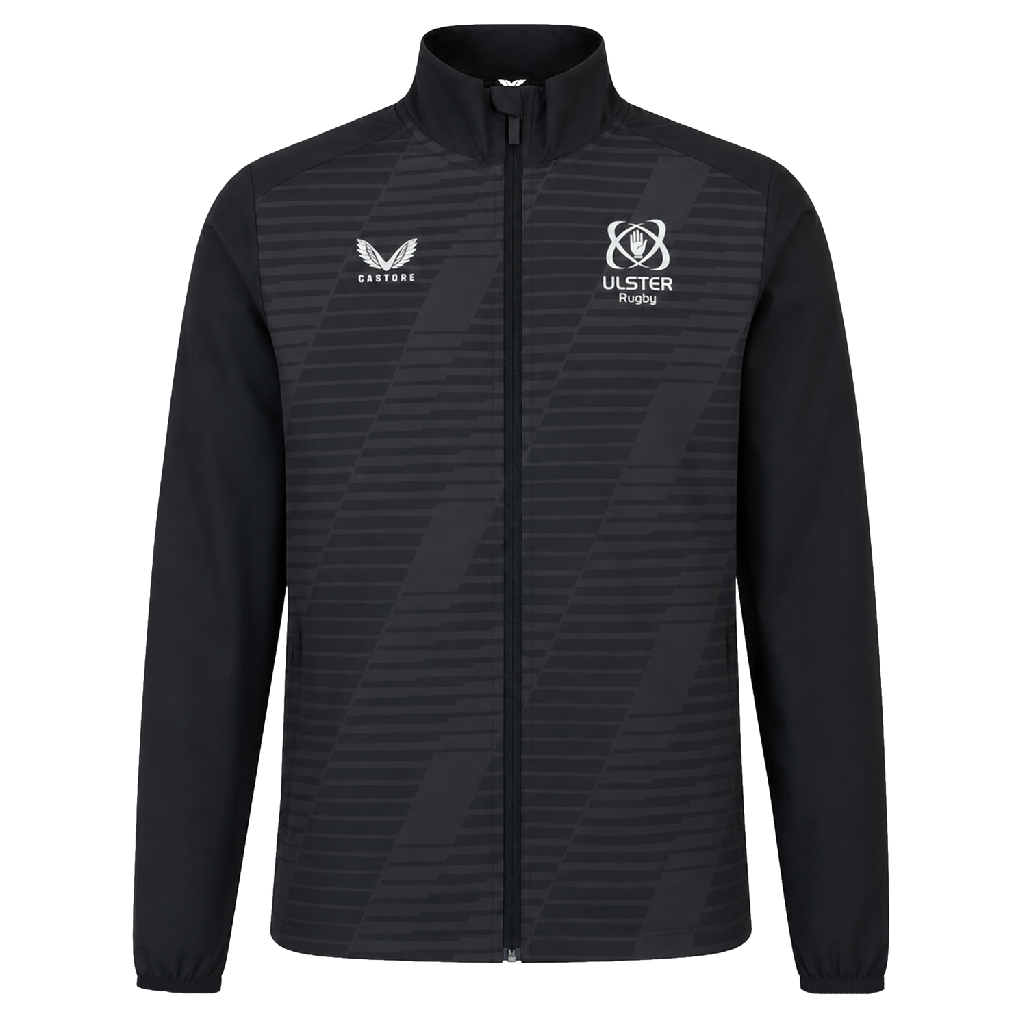 The Ulster 25/26 Woven Pre Match Jacket by Castore is black with subtle diagonal stripes, featuring the Castore logo on the left chest and the Ulster Rugby logo on the right.