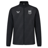 The Ulster 25/26 Woven Pre Match Jacket by Castore is black with subtle diagonal stripes, featuring the Castore logo on the left chest and the Ulster Rugby logo on the right.