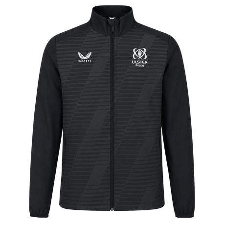 The Ulster 25/26 Woven Pre Match Jacket by Castore is black with subtle diagonal stripes, featuring the Castore logo on the left chest and the Ulster Rugby logo on the right.