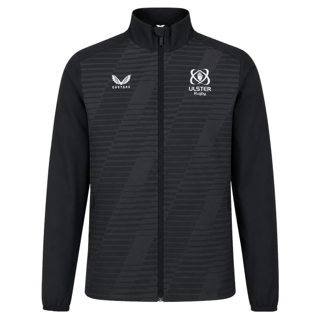 The Ulster 25/26 Woven Pre Match Jacket by Castore is black with subtle diagonal stripes, featuring the Castore logo on the left chest and the Ulster Rugby logo on the right.