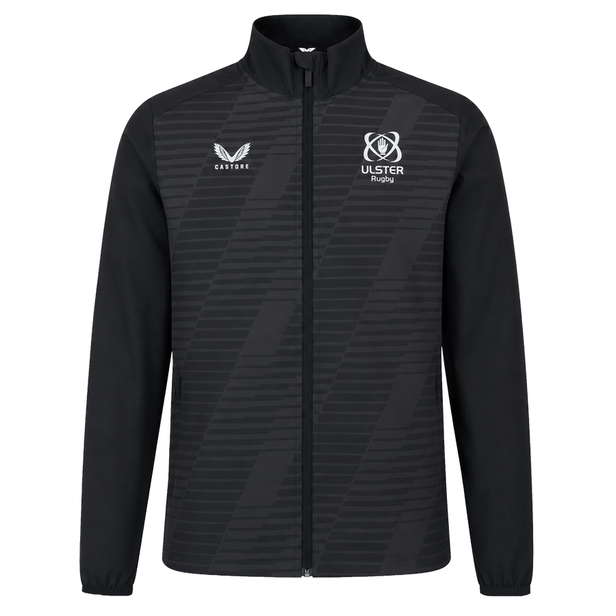 The Ulster 25/26 Woven Pre Match Jacket by Castore is black with subtle diagonal stripes, featuring the Castore logo on the left chest and the Ulster Rugby logo on the right.