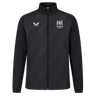 The Ulster 25/26 Woven Pre Match Jacket by Castore is black with subtle diagonal stripes, featuring the Castore logo on the left chest and the Ulster Rugby logo on the right.
