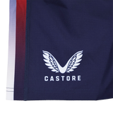 Close-up of Castore USA Rugby Pro Home Short 22/23, featuring the white wings Castore logo and brand name, plus a vertical red and white stripe on the left edge.