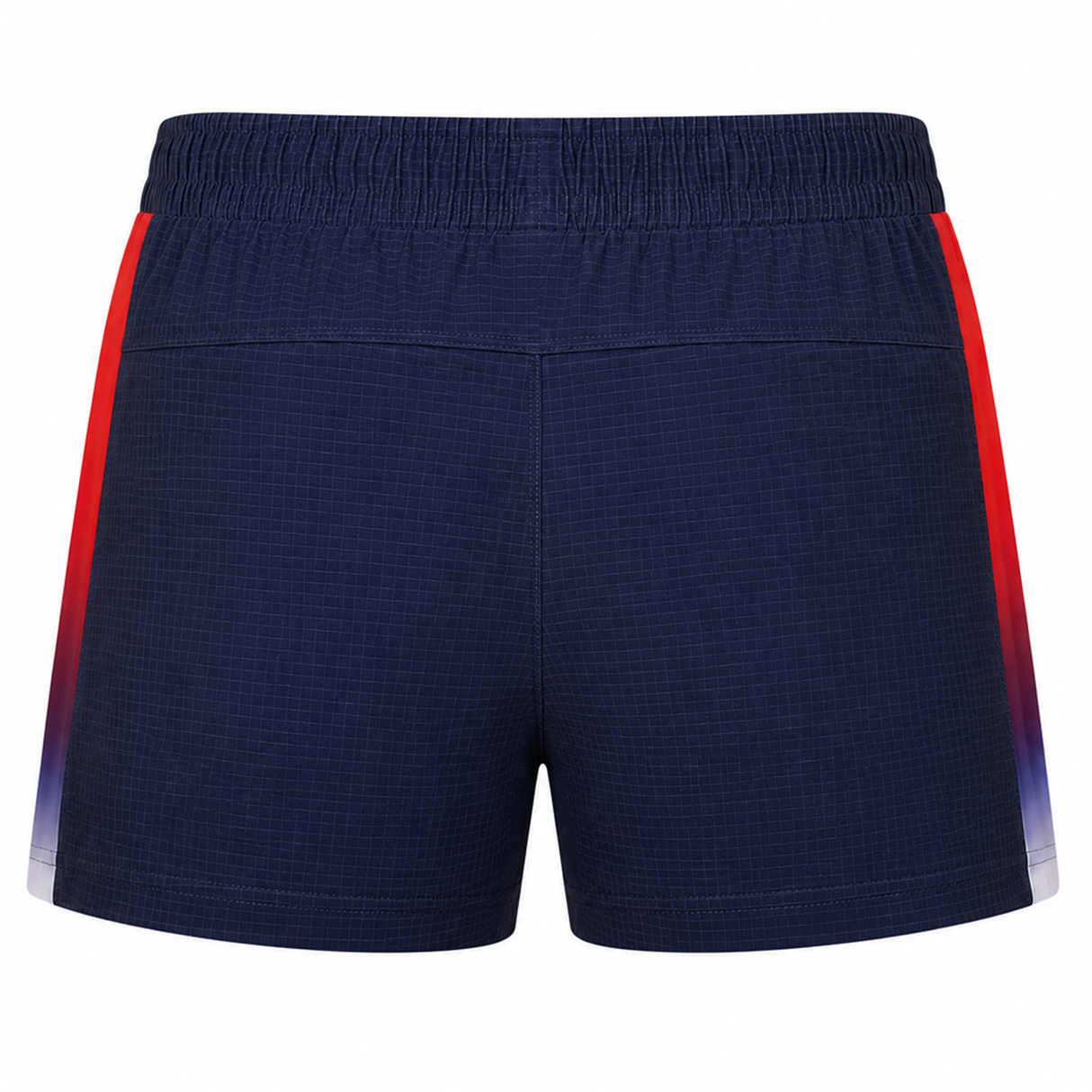 The USA Rugby Pro Home Short 22/23 by Castore features navy blue textured fabric, an elastic waistband, and red-to-white gradient side panels, shown from the back.