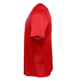 Side view of a plain red short-sleeve sports shirt with an athletic fit and a small chest emblem, similar to the USA Rugby Training Jersey by Castore.