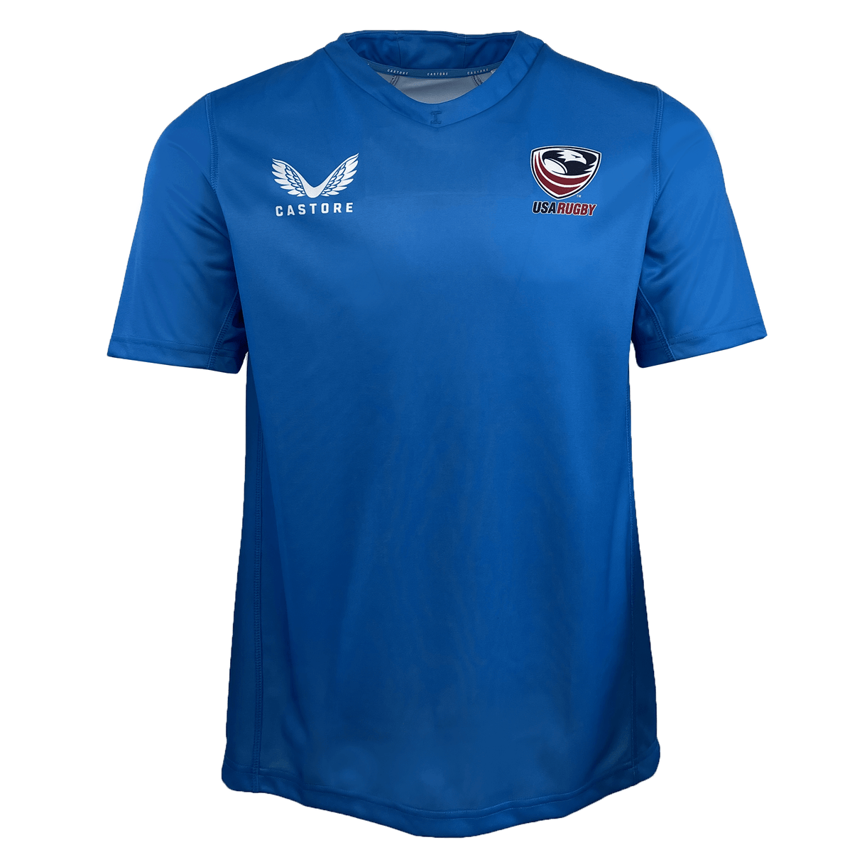 The USA Rugby Training Jersey by Castore is a blue polyester rugby jersey featuring "CASTORE" and "USA Rugby" logos on the front.