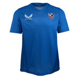 The USA Rugby Training Jersey by Castore is a blue polyester rugby jersey featuring "CASTORE" and "USA Rugby" logos on the front.