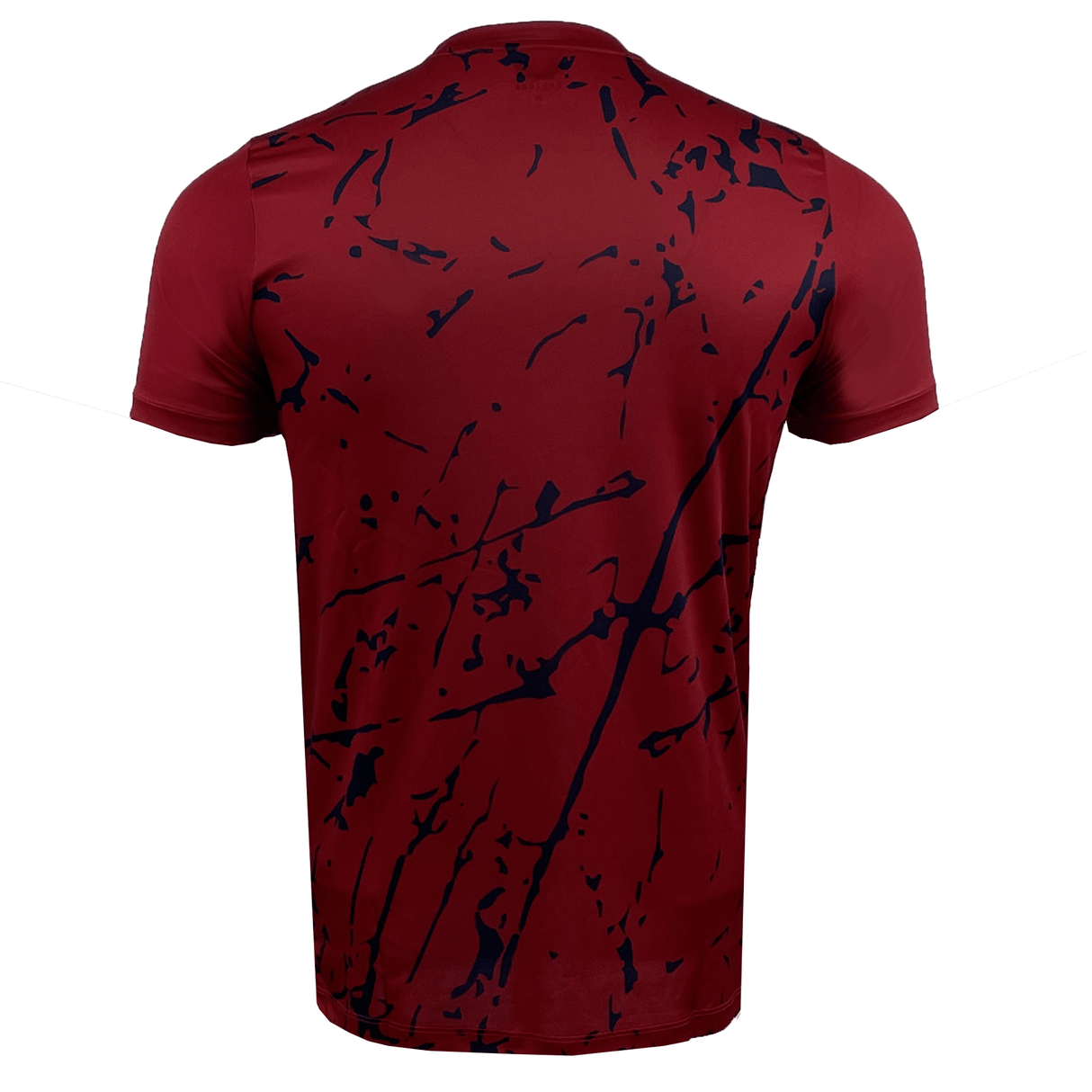 Rear view of USA Rugby Printed Training Tee by Castore, a maroon short-sleeve shirt with navy splatter pattern, inspired by sublimated designs from Castore's collection.