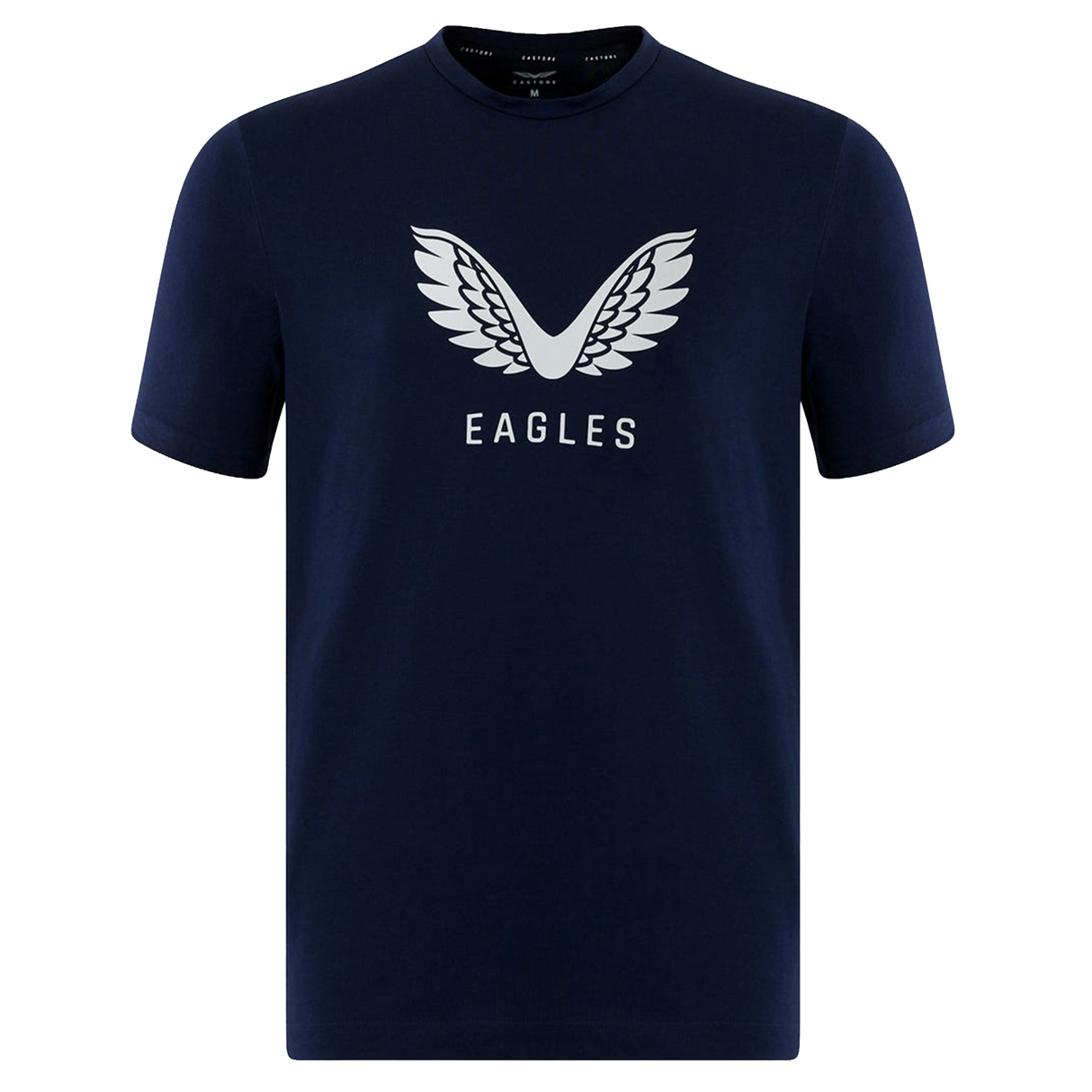 USA Rugby Eagles Logo Tee 22/23 by Castore: a navy blue t-shirt featuring a white eagle wings graphic and "EAGLES" on the chest, inspired by the USA Rugby Eagles.