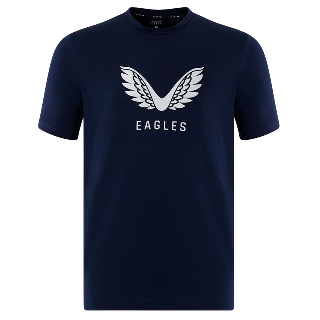 USA Rugby Eagles Logo Tee 22/23 by Castore: a navy blue t-shirt featuring a white eagle wings graphic and "EAGLES" on the chest, inspired by the USA Rugby Eagles.