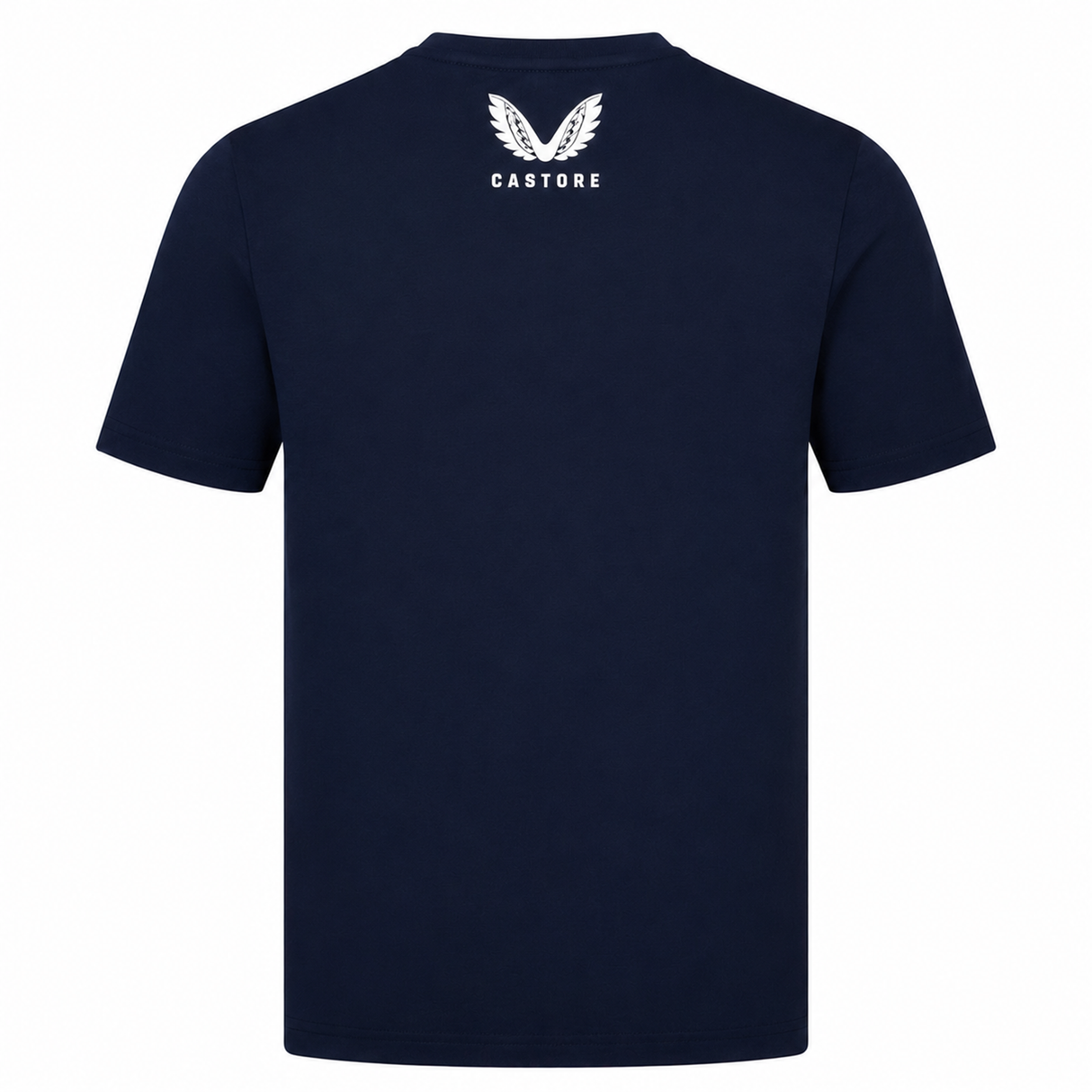 The USA Rugby Eagles Logo Tee 22/23 by Castore is a plain navy blue short-sleeve t-shirt featuring the Castore logo and brand name in white on the upper back, ideal for rugby fans.