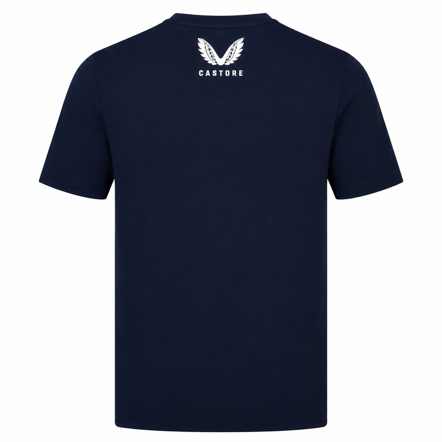 The USA Rugby Eagles Logo Tee 22/23 by Castore is a plain navy blue short-sleeve t-shirt featuring the Castore logo and brand name in white on the upper back, ideal for rugby fans.