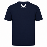The USA Rugby Eagles Logo Tee 22/23 by Castore is a plain navy blue short-sleeve t-shirt featuring the Castore logo and brand name in white on the upper back, ideal for rugby fans.