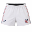 The Castore USA Rugby 22/23 7's RWC Home Pro Short features white fabric, red accents, patterned side panels, and official USA Rugby logos. Designed for performance, these shorts are shown against a white background.
