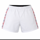 The Castore USA Rugby 22/23 7's RWC Home Pro Short features a white athletic design with an elastic waistband and red and blue patterned side stripes, shown on a plain white background.