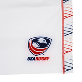 Close-up of Castore’s USA Rugby 22/23 7's RWC Home Pro Short, showcasing the iconic eagle logo and red, white, and blue diagonal seam—perfect for rugby fans.