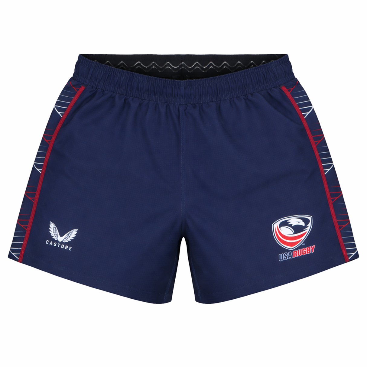 The USA Rugby 22/23 7's RWC Away Pro Short by Castore is a navy blue short with red accents, featuring the USA Rugby logo on the right leg and the Castore logo on the left.