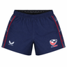 The USA Rugby 22/23 7's RWC Away Pro Short by Castore is a navy blue short with red accents, featuring the USA Rugby logo on the right leg and the Castore logo on the left.