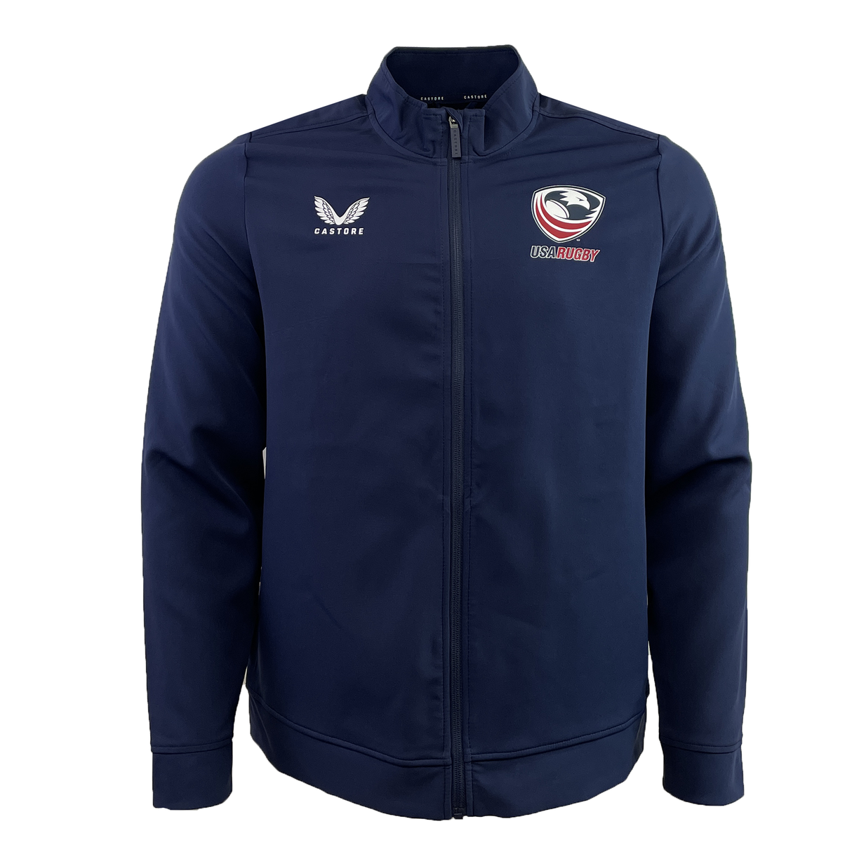 Navy Women's USA Rugby Track Jacket by Castore with a full front zipper, displays the Castore logo and Eagles emblem on the chest.