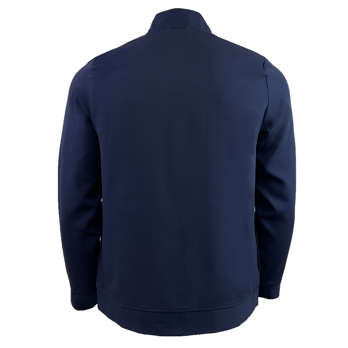 Back view of the Women's USA Rugby Track Jacket by Castore, in plain navy blue with long sleeves and a high collar, inspired by the Eagles team. Set on a white background.