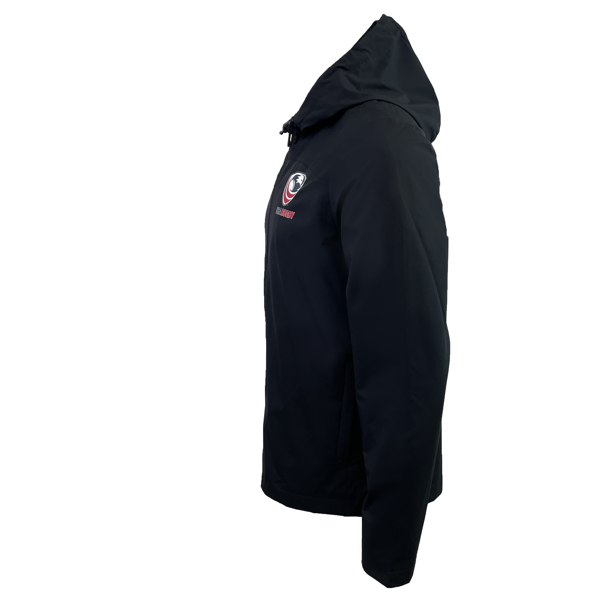 Side view of the USA Rugby Rain Jacket by Castore, featuring the iconic logo on the chest. This black, lightweight jacket has a mesh lining and water-resistant technology. Displayed on a white background, it embodies both style and functionality.