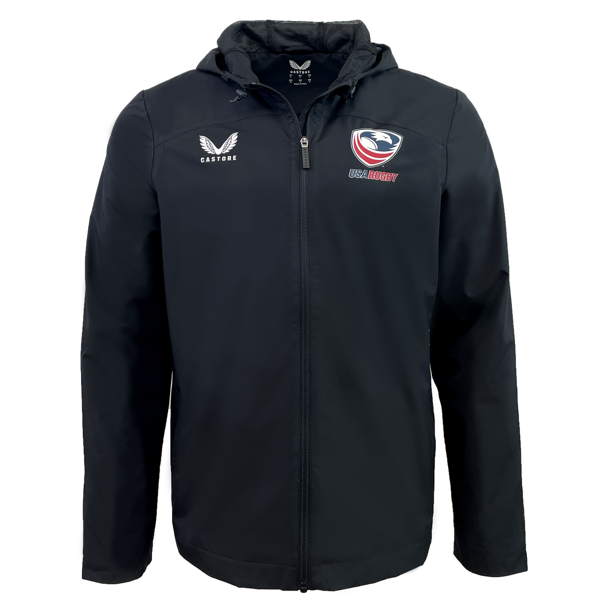 The USA Rugby Rain Jacket by Castore is a sleek black hooded piece featuring the USA Rugby and Castore logos. It offers water-resistant technology and a lightweight mesh lining for comfort and protection in any weather.