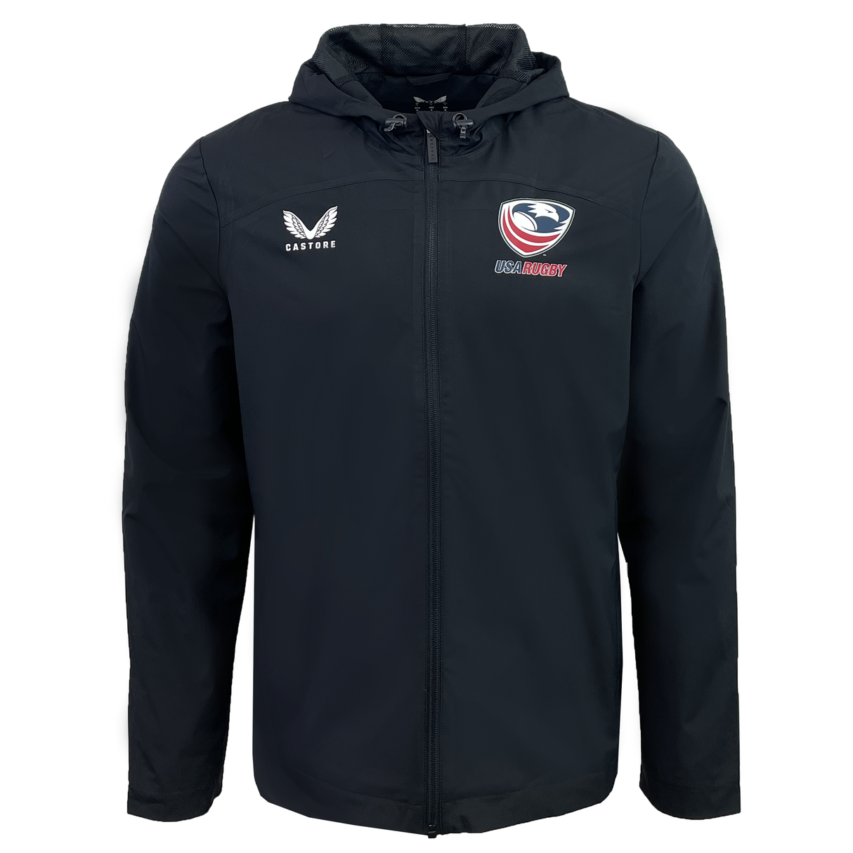 The USA Rugby Rain Jacket by Castore is black with a hood, features a zipper, the "Castore" logo on the left chest, and the "USA Eagles" logo on the right. It's designed with water-resistant technology and a lightweight mesh lining for comfort and protection.