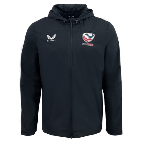 The USA Rugby Rain Jacket by Castore is black with a hood, features a zipper, the "Castore" logo on the left chest, and the "USA Eagles" logo on the right. It's designed with water-resistant technology and a lightweight mesh lining for comfort and protection.