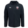 The USA Rugby Rain Jacket by Castore is black with a hood, features a zipper, the "Castore" logo on the left chest, and the "USA Eagles" logo on the right. It's designed with water-resistant technology and a lightweight mesh lining for comfort and protection.