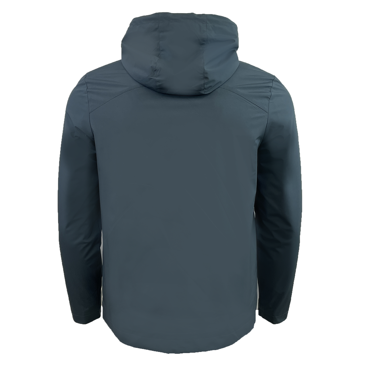 Rear view of a USA Rugby Rain Jacket by Castore in dark gray, featuring long sleeves, a straight hem, and water-resistant technology.